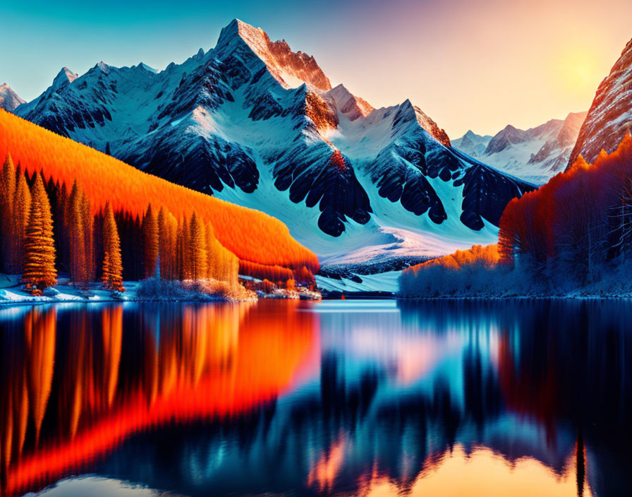 Snowy mountain peaks, autumn forest, and serene lake at sunset/sunrise