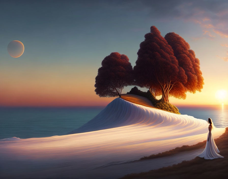 Person in white gown by hill, trees, ocean, sunset, crescent moon