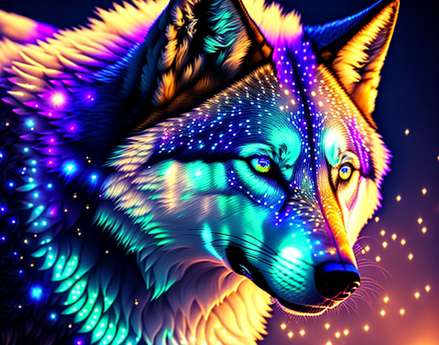 Neon blue and orange wolf digital art with starry background