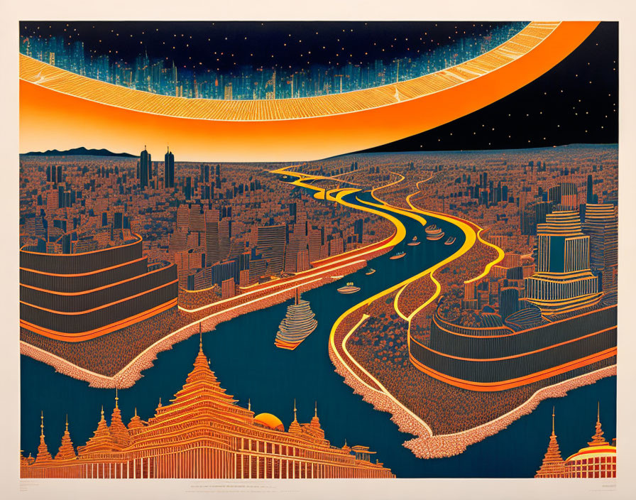 Futuristic cityscape illustration with layered architecture, river, ships, and starry sky