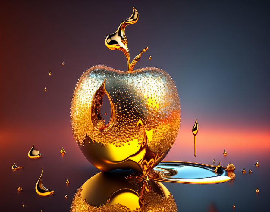 Surreal golden apple melting on orange gradient background