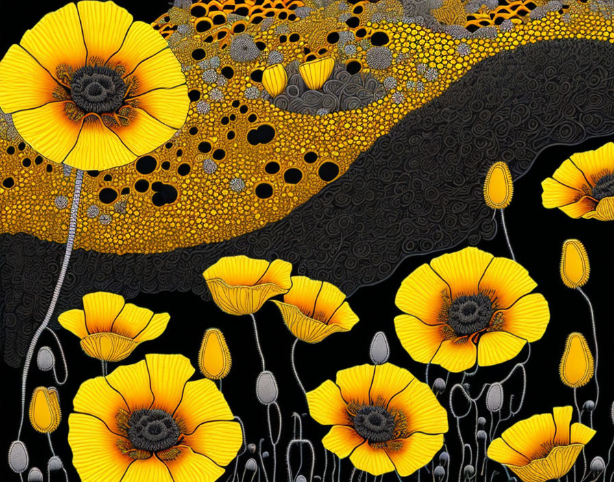 Yellow poppies with dark centers on black background with gold and gray lace patterns.