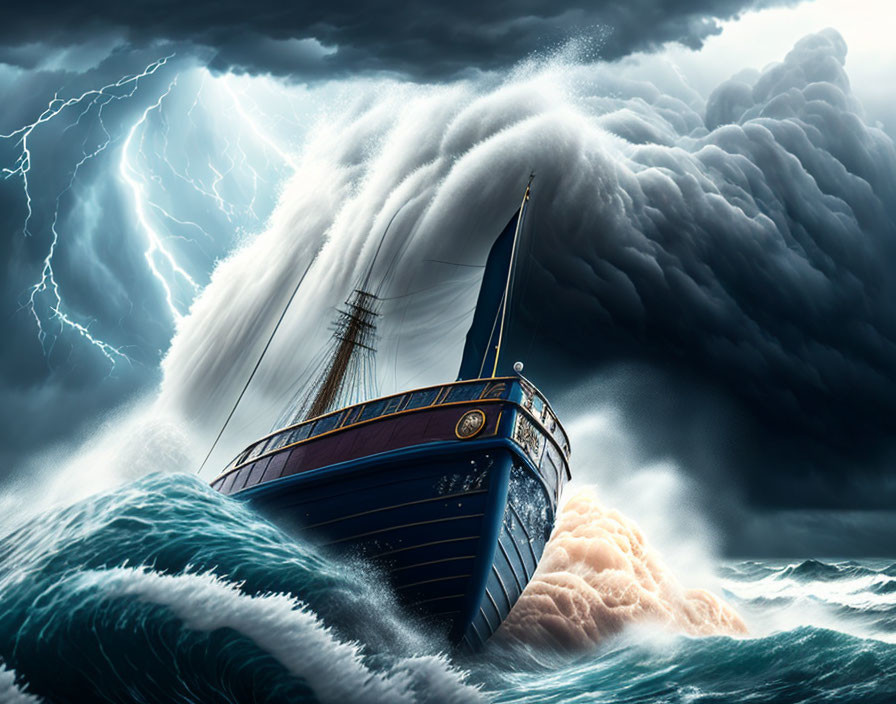 Sailing ship in stormy seas with lightning bolts.