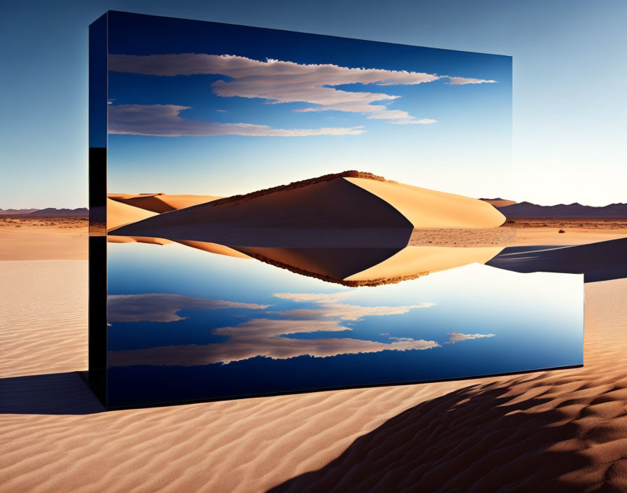Surreal desert landscape with dunes mirrored in suspended structure