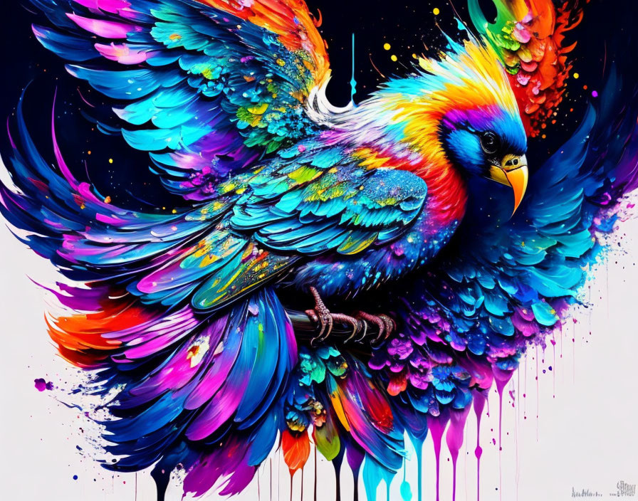 Colorful Stylized Bird Artwork with Blue, Purple, and Pink Paint Splashes