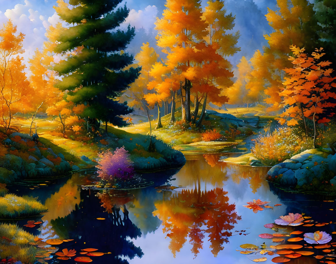 Serene river reflecting colorful autumn trees with lily pads