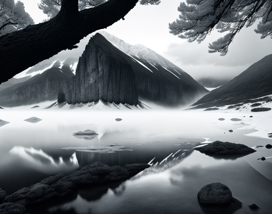 Monochromatic landscape: Tranquil lake, misty mountains, rocks, tree branches
