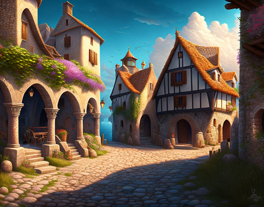 Medieval village street: cobblestone path, quaint houses, flowering vines