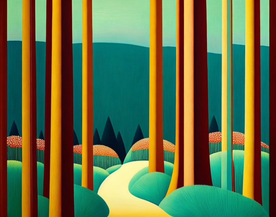 Vibrant forest painting: tall trees, green grass, hills, mountains, clear sky