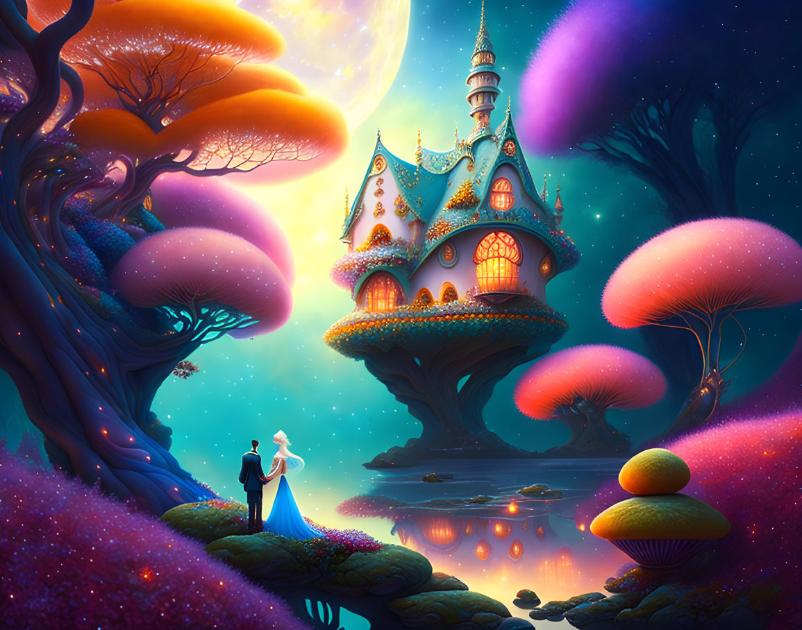 Fantasy landscape with couple, illuminated trees, glowing fungi, whimsical house on mushroom under moonlit