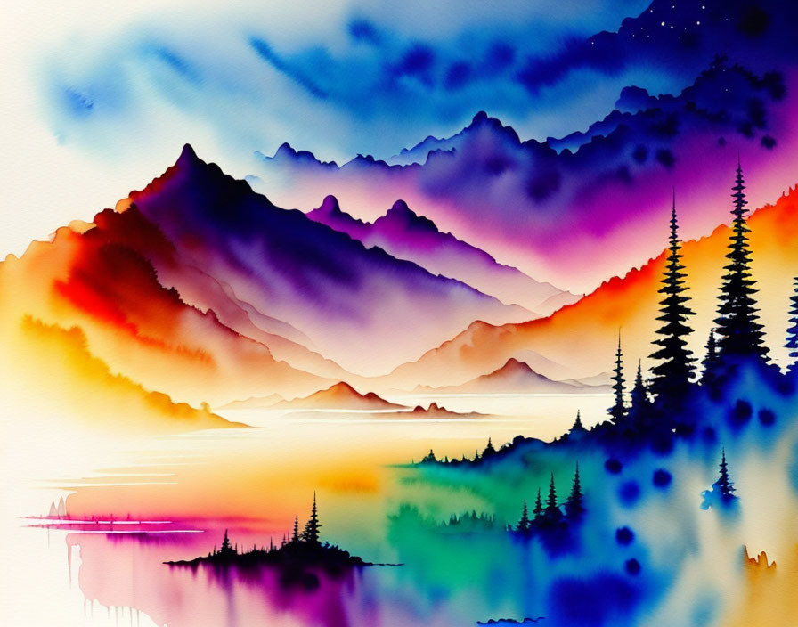 Colorful Watercolor Landscape: Mountain Silhouettes, Sunrise Palette, Pine Trees