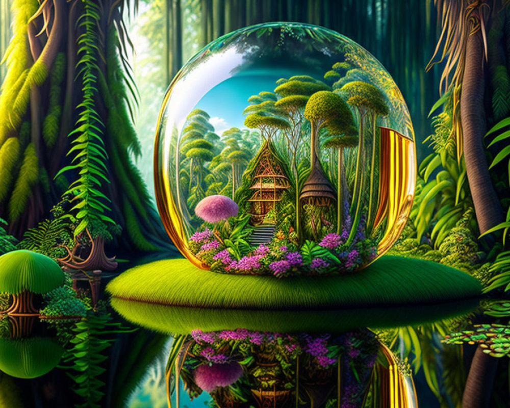 Fantasy forest scene with crystal ball, miniature house, oversized flora, and reflective water.