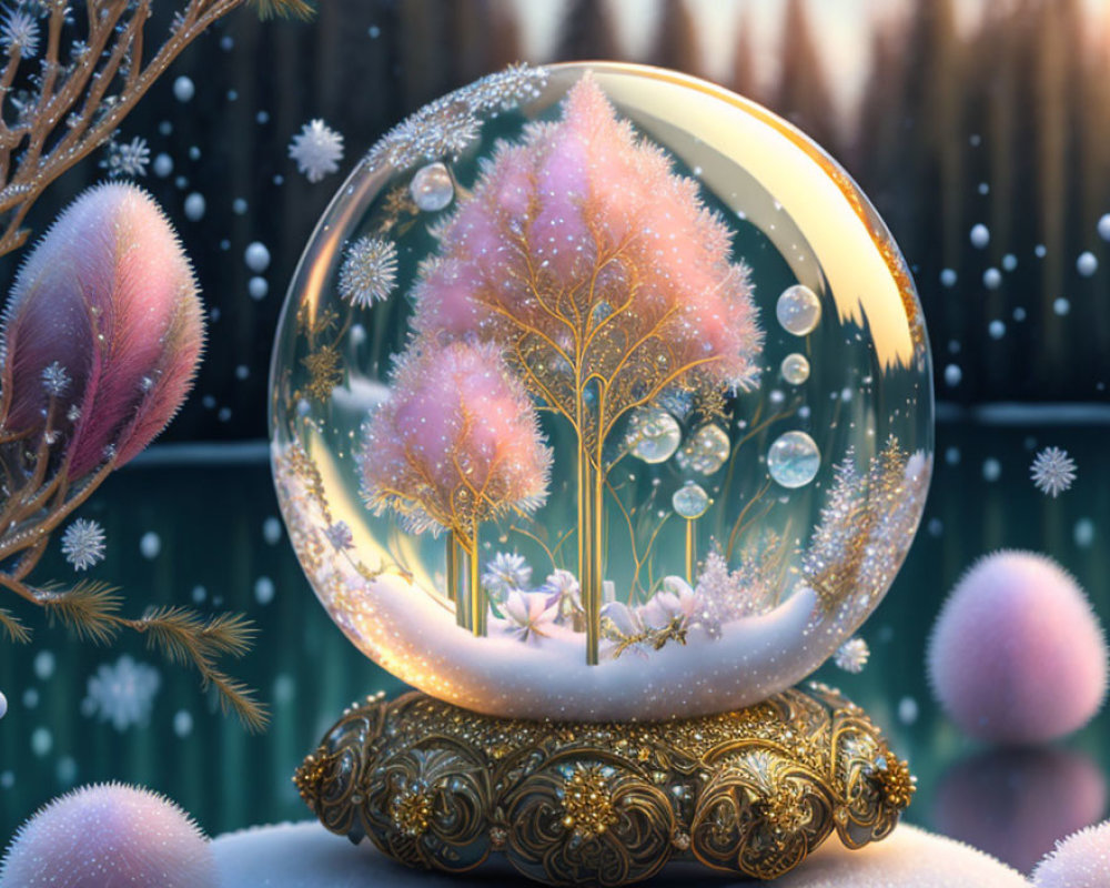 Pink Trees Snow Globe with Golden Base and Falling Snowflakes