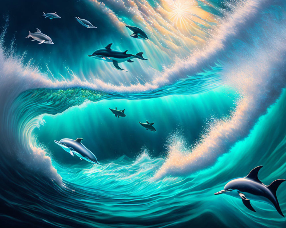 Playful dolphins swimming under vibrant sunlit wave with flying seabirds