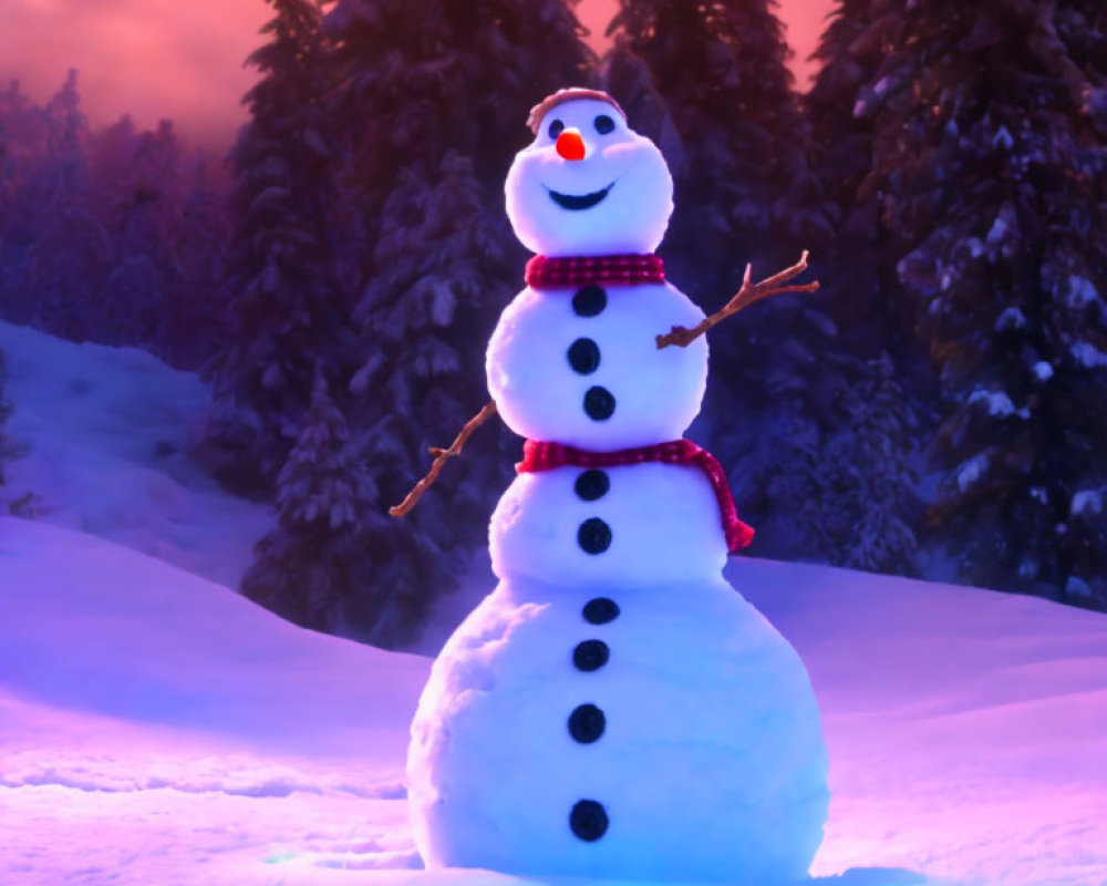 Cheerful snowman with carrot nose in twilight winter scene