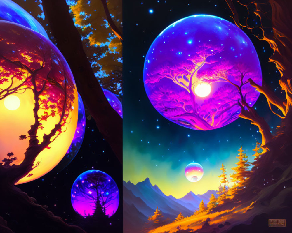 Colorful Trees and Glowing Orbs in Twilight Sci-Fi Landscape