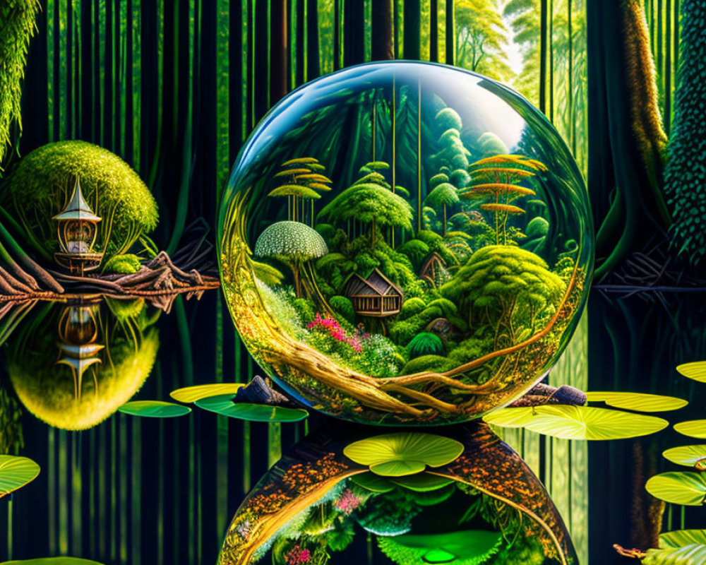 Digital Artwork: Lush Forest in Crystal Ball Reflection