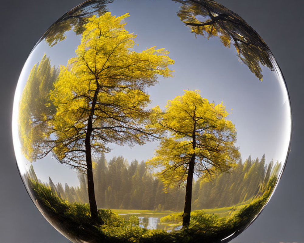 Crystal ball reflecting sunny landscape with trees, sky, and water.