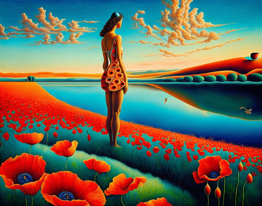 Surreal painting: Woman with floral body in poppy field by blue river