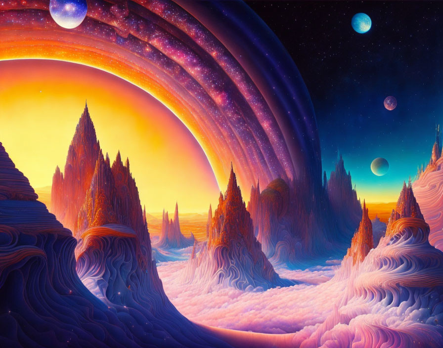 Colorful fantasy landscape with towering rock formations and multiple moons.