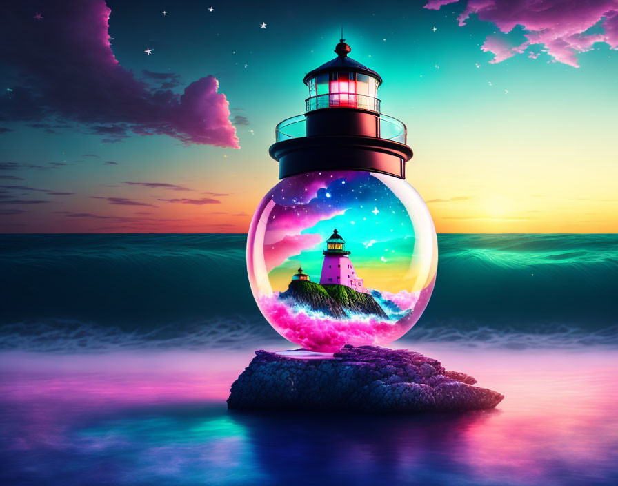 Surreal image of lighthouse in transparent sphere with twilight sky