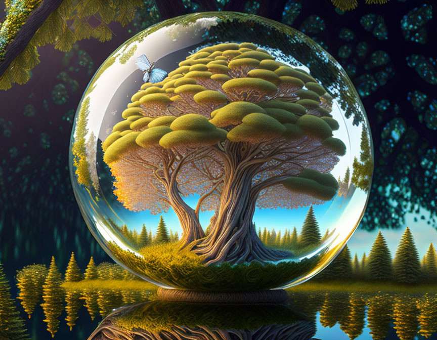 Colorful Surrealistic Image: Tree in Bubble with Butterfly in Mystical Forest