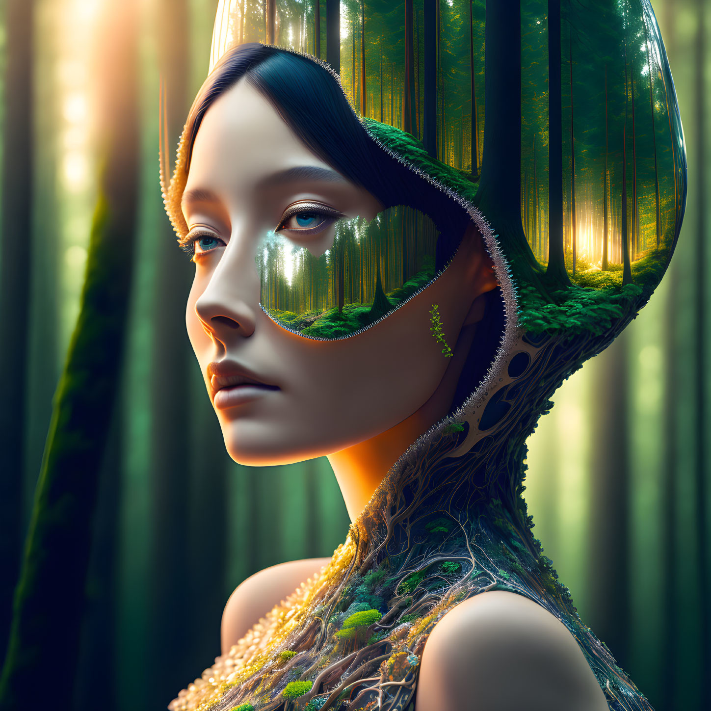 Digital artwork of woman in green helmet with plants against forest.