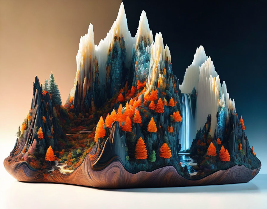 Vivid surreal mountain landscape with waterfalls and lush trees