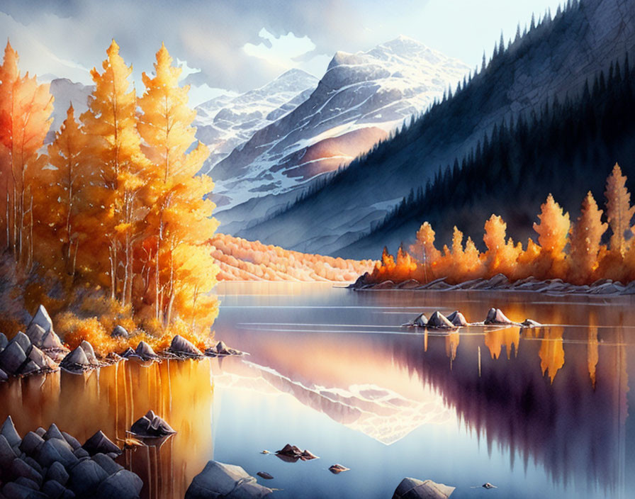 Golden autumn trees reflected in serene lake with snowy mountains and warm light