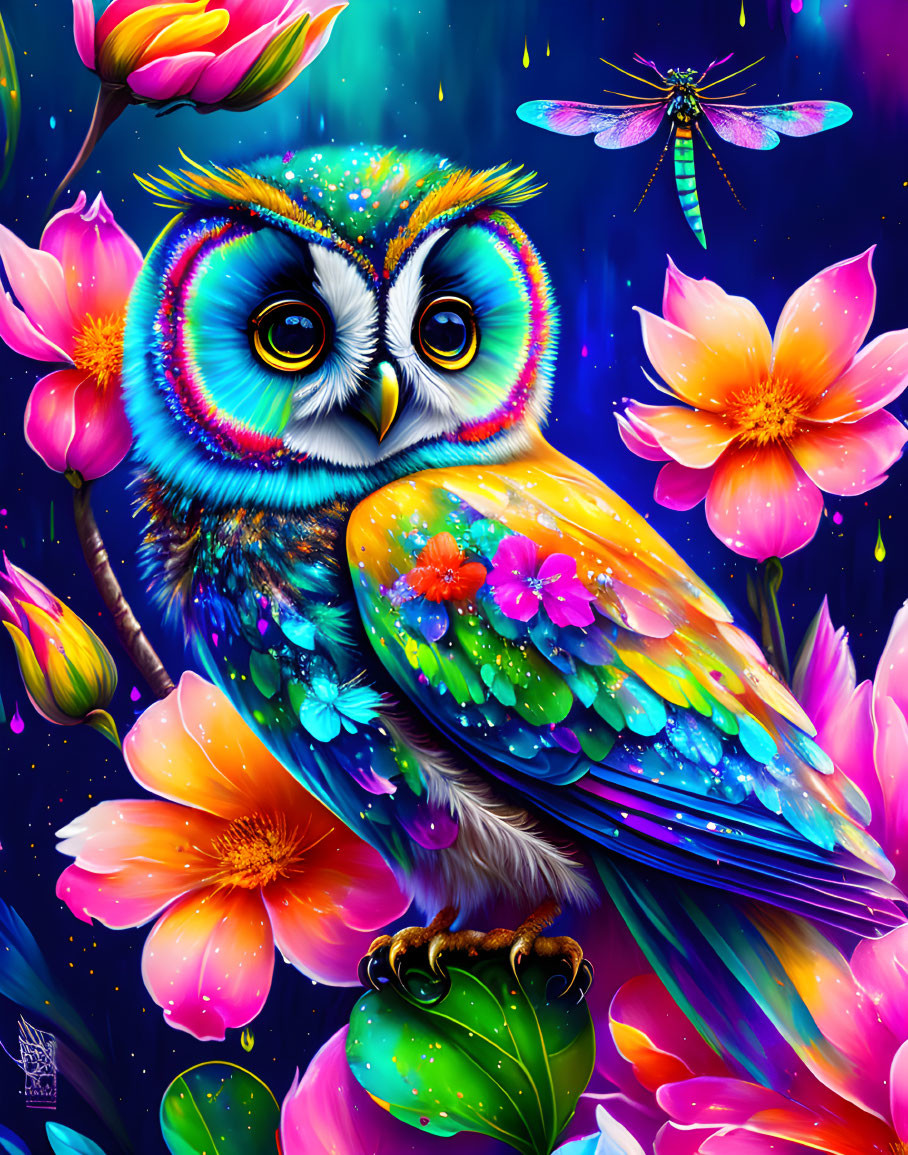 Colorful Owl Surrounded by Whimsical Flowers and Starry Sky