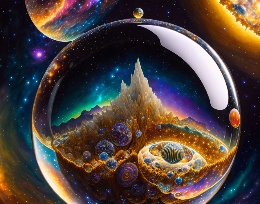 Colorful cosmic landscape with yin-yang symbol, celestial bodies, mountains, and swirling galaxy