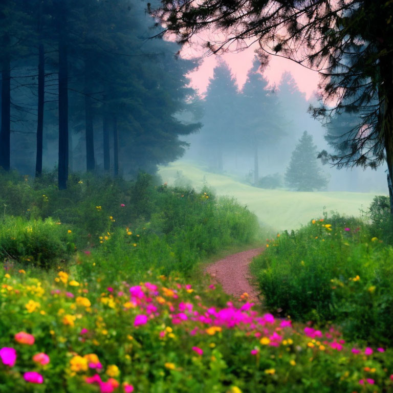 Misty forest path with colorful wildflowers and pink sky