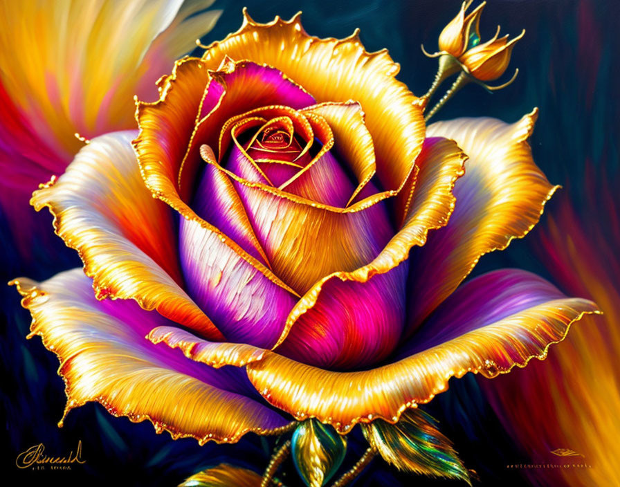Colorful digital rose art with rainbow gradient and gold-trimmed petals on abstract background