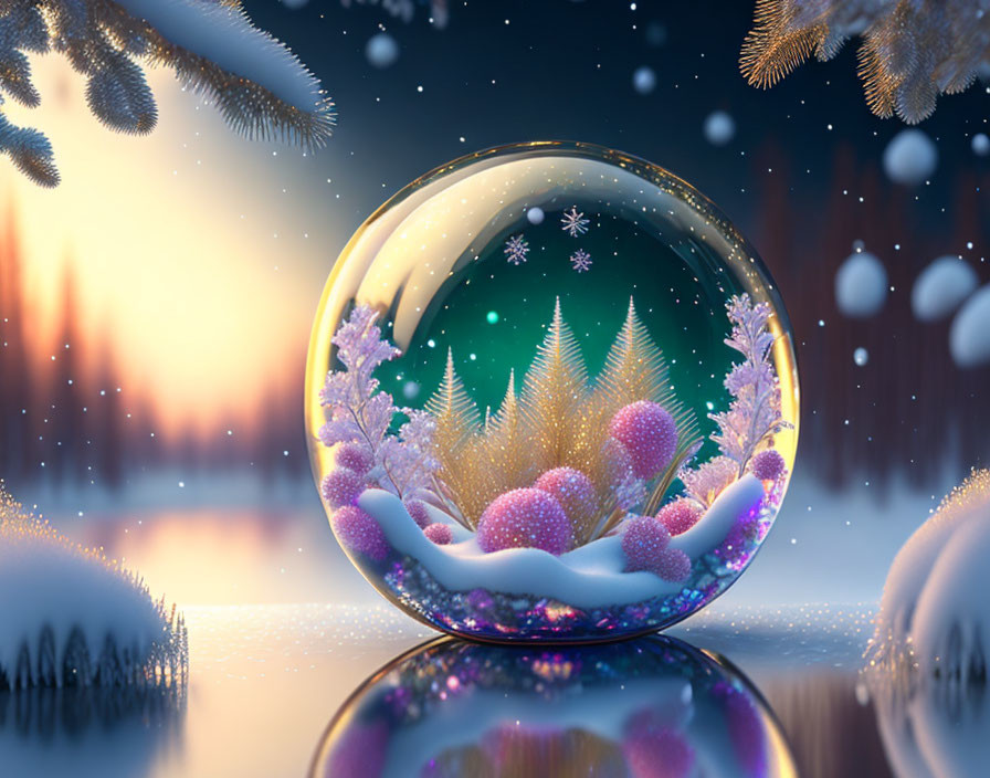Snow Globe on Reflective Surface with Winter Dusk Background
