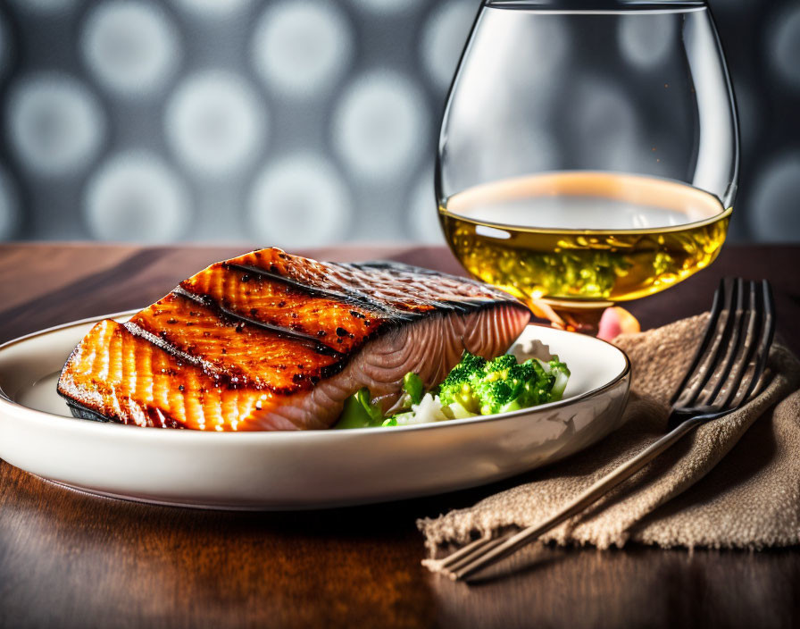 Salmon Fillet with Broccoli and Whiskey Pairing on Wooden Table