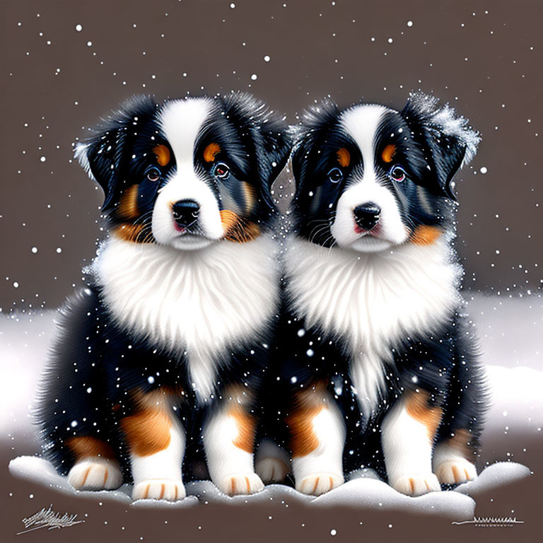 Bernese Mountain Dog Puppies in Snowfall with Black, Brown, and White Fur