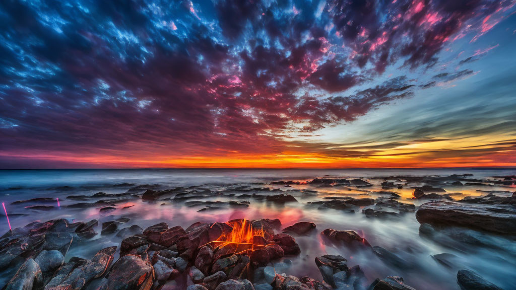 Fiery orange sunset over rocky shoreline with blue clouds
