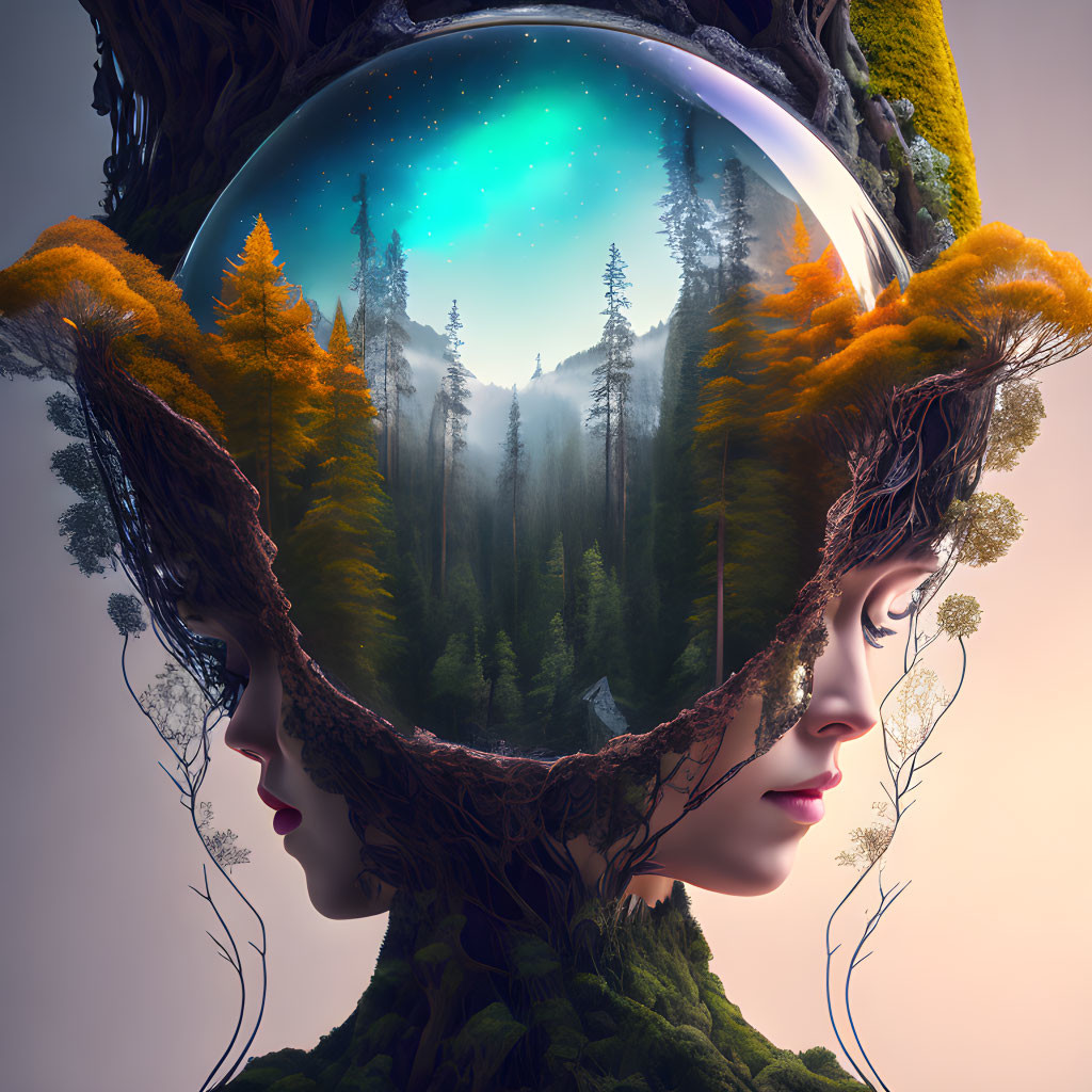 Symmetrical faces merge with forest landscape in spherical space surrounded by flora