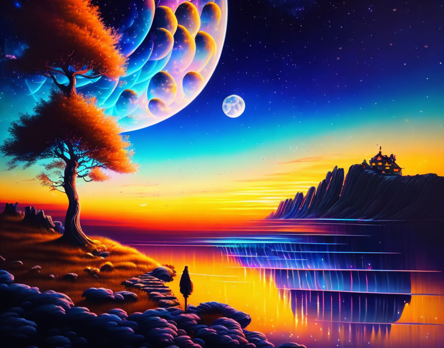 Fantasy landscape at dusk with lone tree, silhouette, water reflection, and multiple moons.