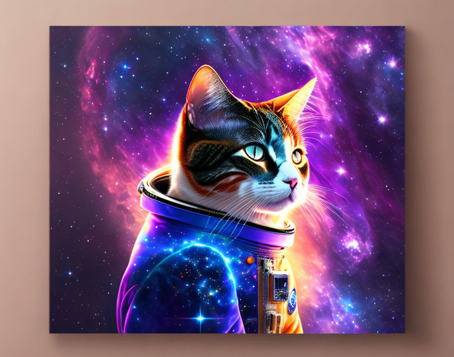 Cosmic cat digital art with astronaut suit and vibrant space background
