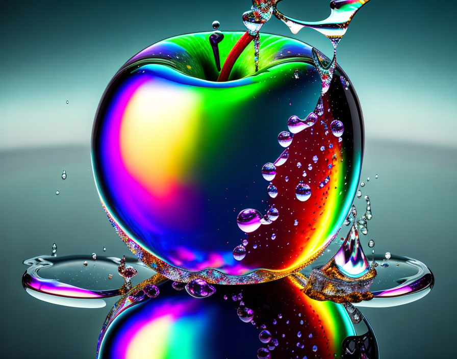 Vibrant apple with water droplets on reflective surface
