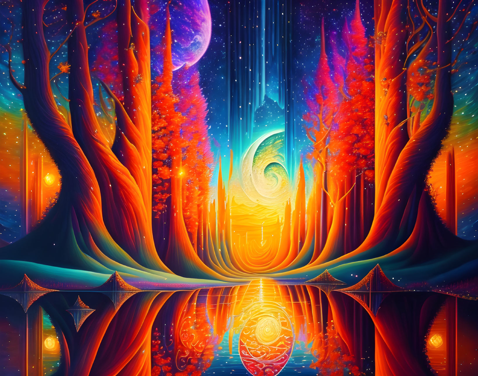 Colorful Fantasy Landscape with Vibrant Trees & Celestial Bodies