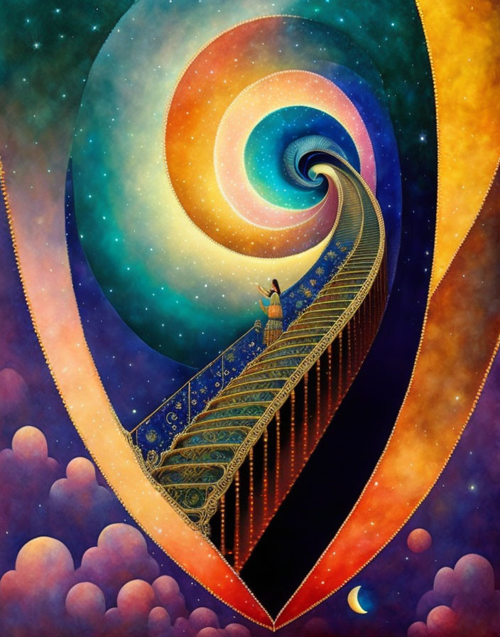 Person on Spiral Staircase in Cosmic Vortex Heart Frame
