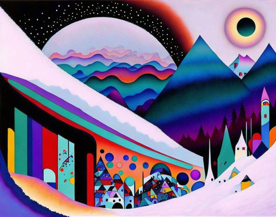 Colorful Geometric Landscape with Snowy Mountains, Rocket Launch, and Starry Sky