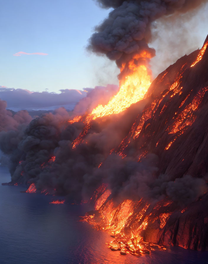 Volcanic Eruption: Lava Flowing into Ocean at Twilight