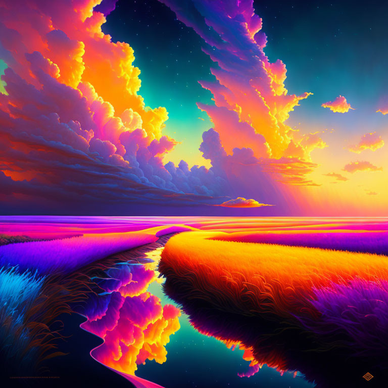 Surreal landscape with luminous clouds and fiery colors