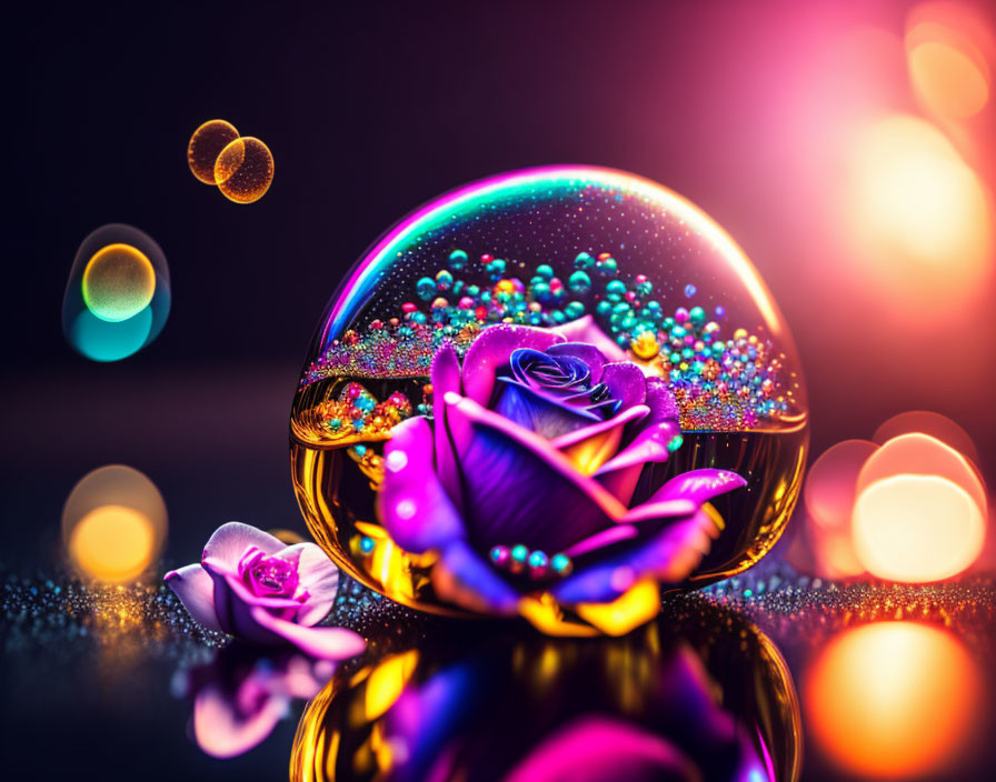 Colorful crystal ball with purple rose and beads on reflective surface.