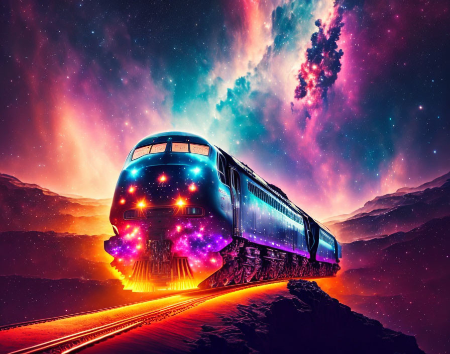 Colorful cosmic train in surreal space landscape