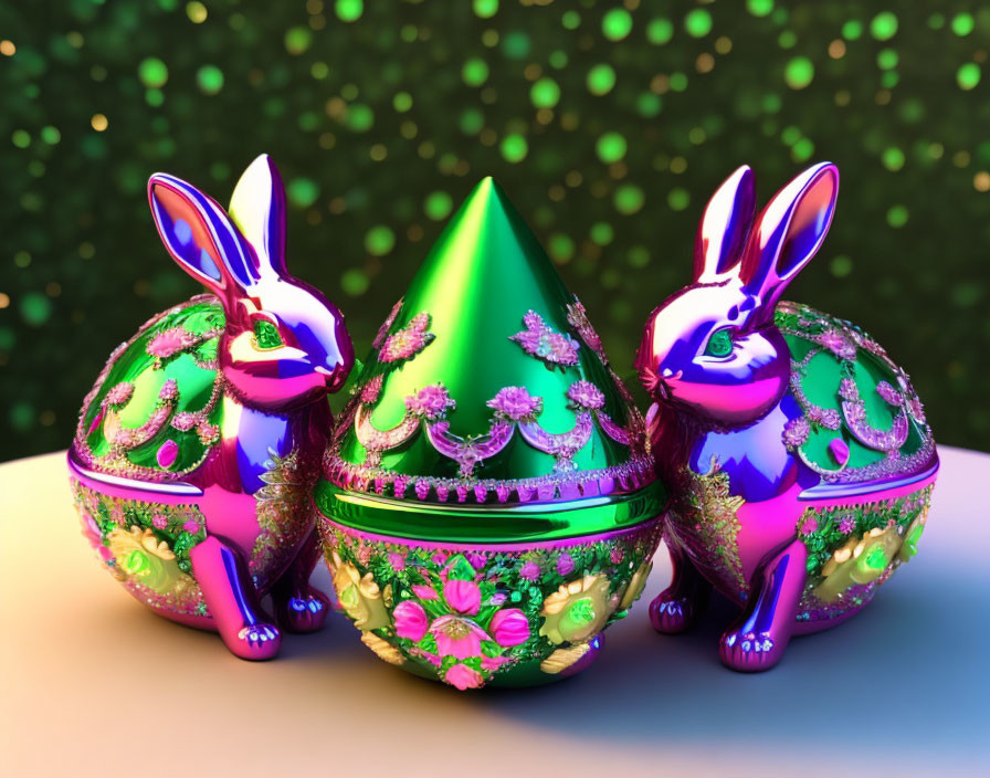 Colorful Reflective Rabbit Figurines with Ornate Egg on Bokeh Background