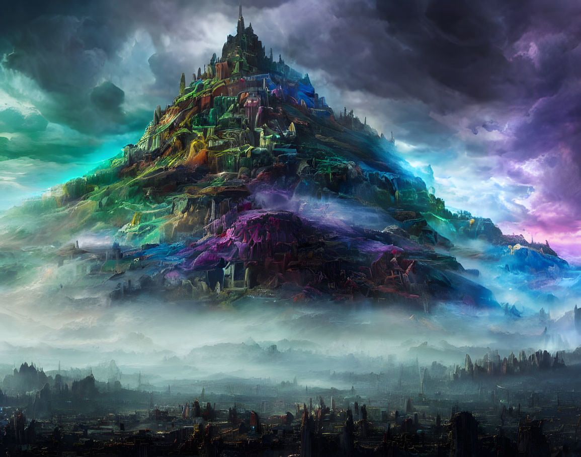 Fantastical mountain city with colorful architecture above misty plains